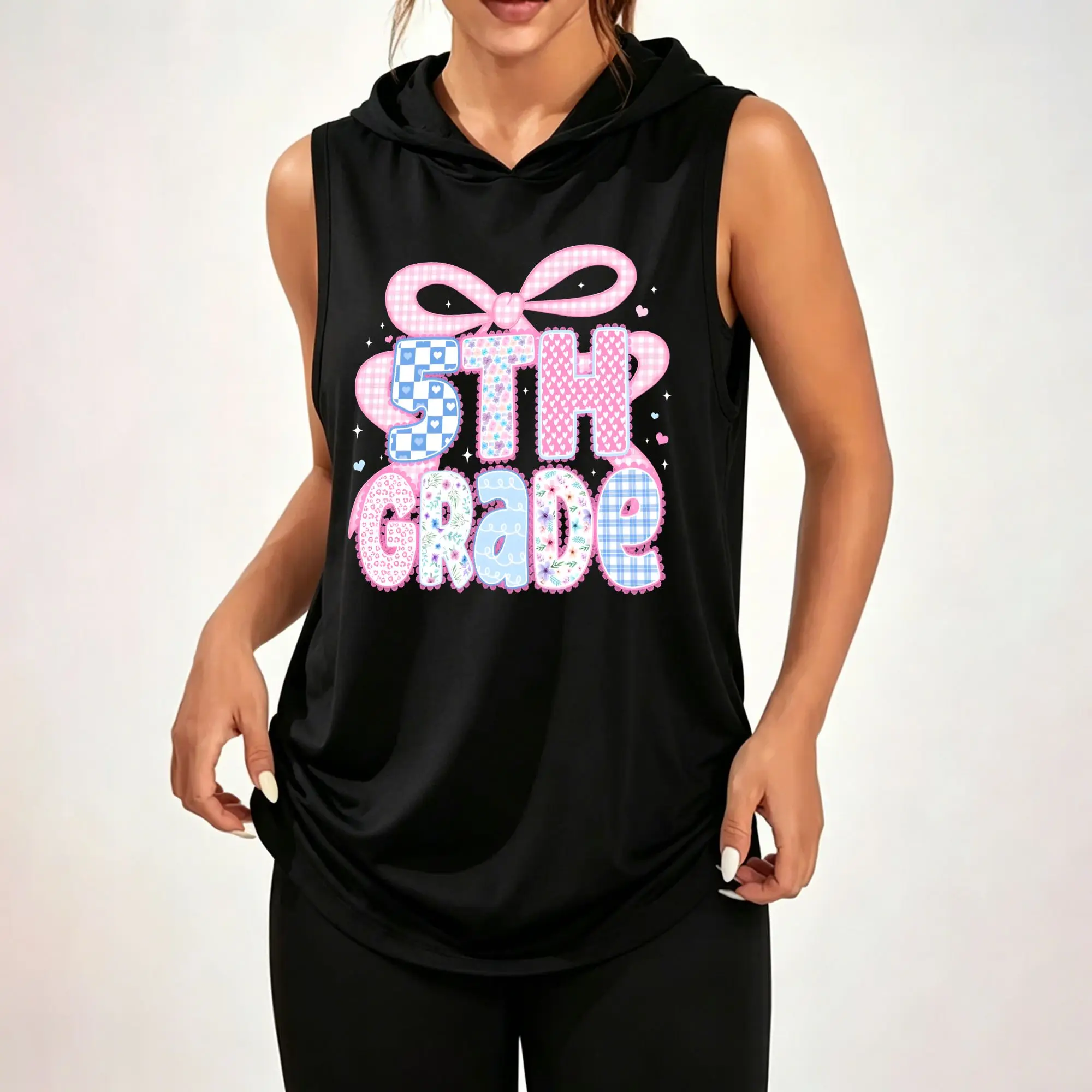 Women's Sleeveless Hoodie, 5th Grade Plaid Bow Pastel Text Graphic Print Casual Hooded Tank Top