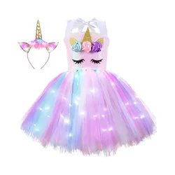 3-8 Years Halloween Girls Unicorn Dress with Headband, Sequin Lighted Tutu Unicorn Party Costume Princess Dress