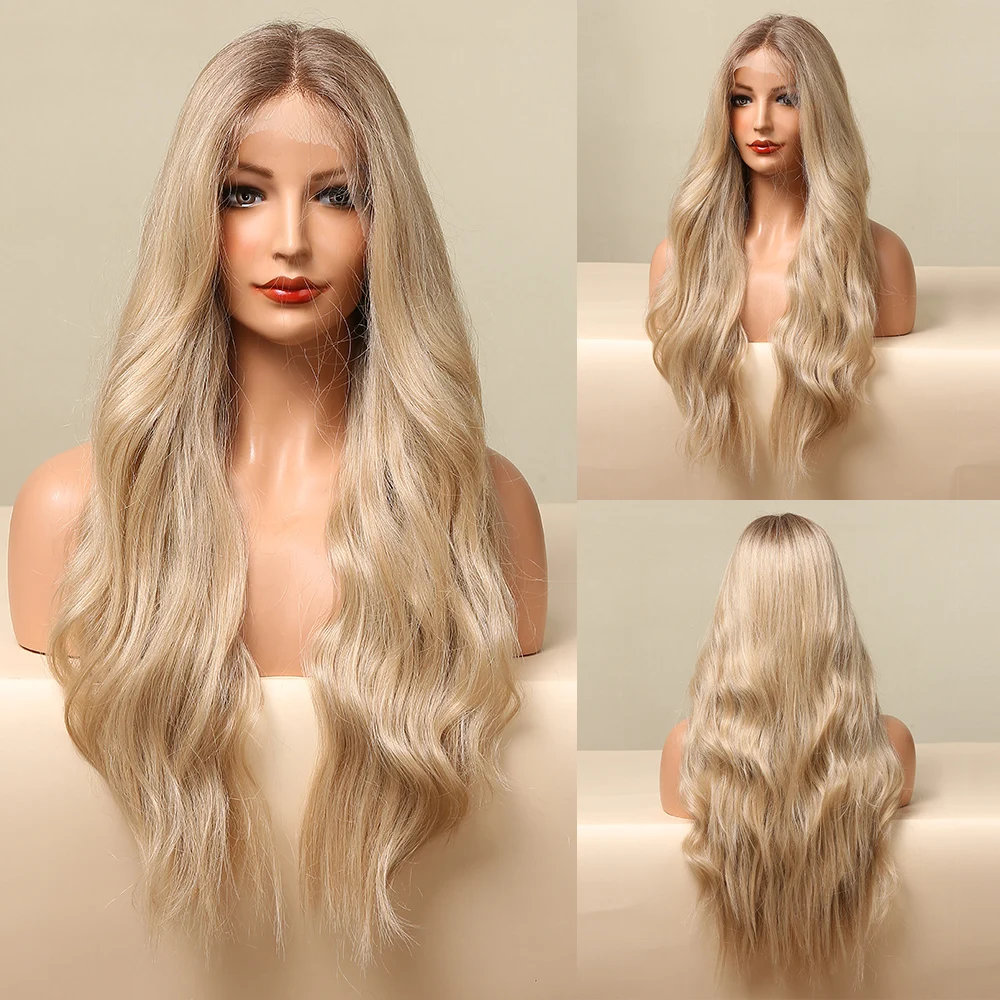 EASIHAIR Long Wave Lace Front Wigs for Women Brown to Blonde Ombre Synthetic Wigs with Baby Hair High Density Wig Heat Resistant