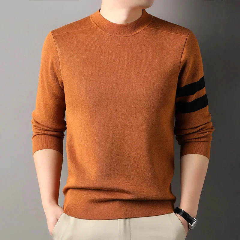 Double-sided Contrasting Color Men's Wool Sweater Semi-turtleneck Anti-pilling Mulberry Silk Machine Washable Striped Sweater