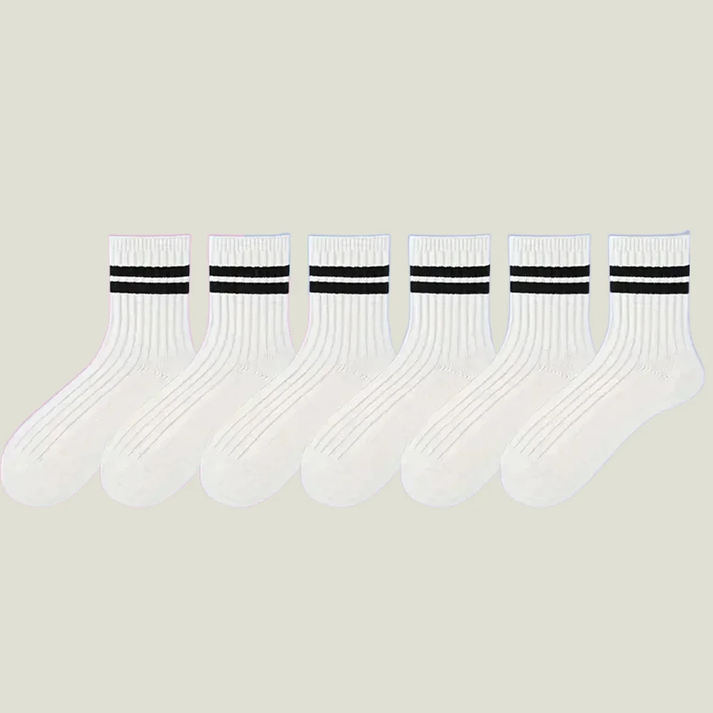 

6/12 Pairs 2024 New Top Quality Men's Stripe Round Neck Socks Breathable Ball Sports Middle-Tube Socks Women Cotton Simple Socks