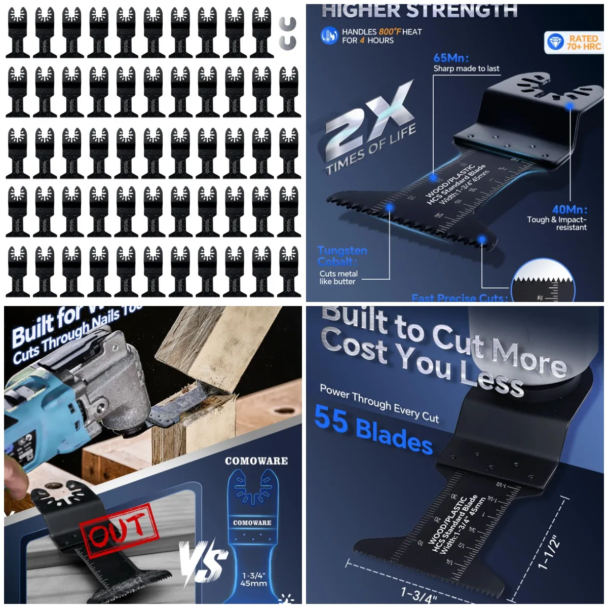 

55 шт. Осциллирующие пилы — универсальные, 1-3/4 дюйма, быстросъемные для дерева, пластика, мягкого металла