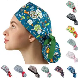 Women Silk Satin Doctor Nurse Chef Cap Head Cover Satin Turban Headscarf with Button Adjustable Ladies Long Hair Care Bonnet