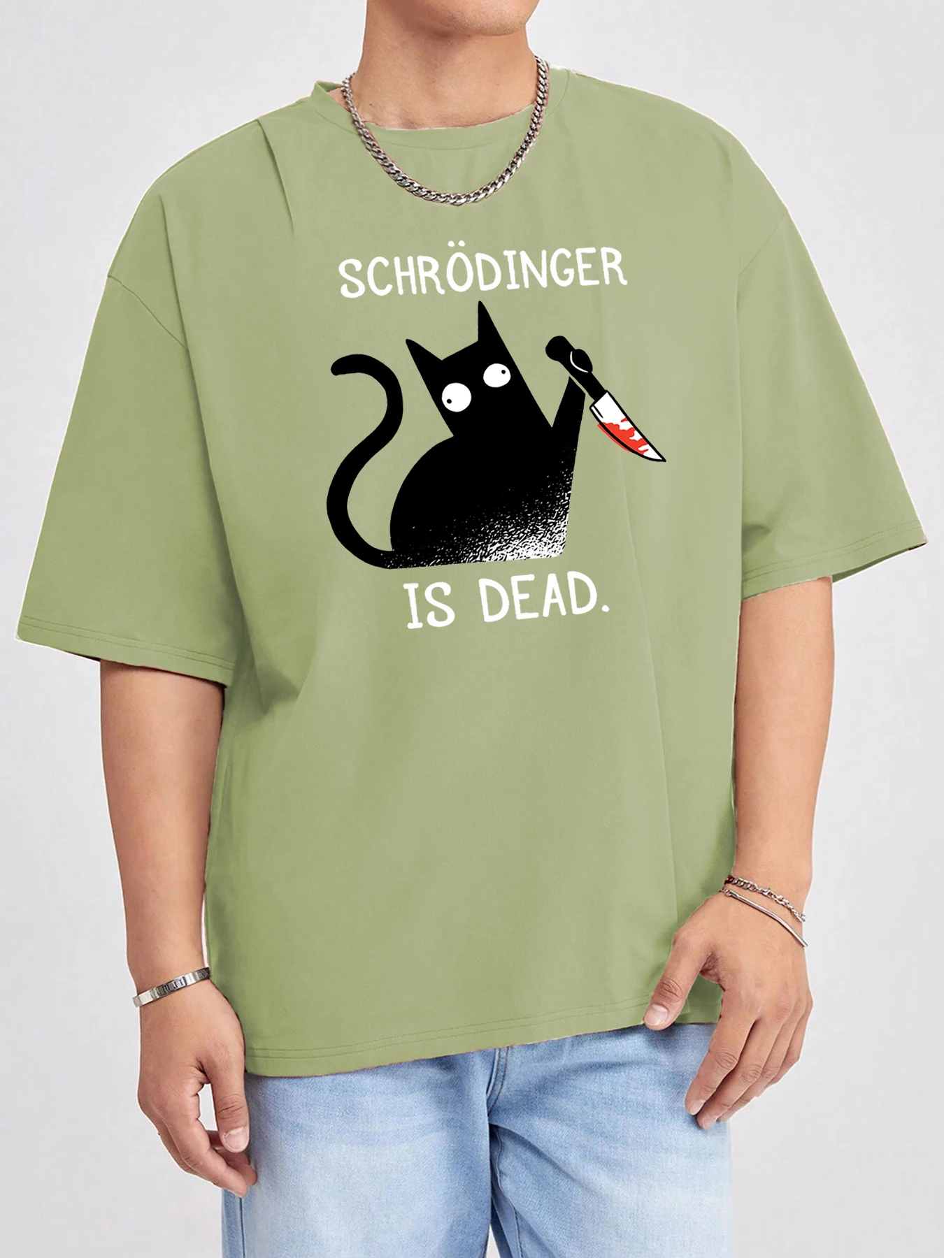 Schrödinger Cat Is Dead Print Kleidung Herren Baumwolle Sommerhemden Lose Gothi Tops Bequeme atmungsaktive Kurzarm O-Ausschnitt Soft Tee
