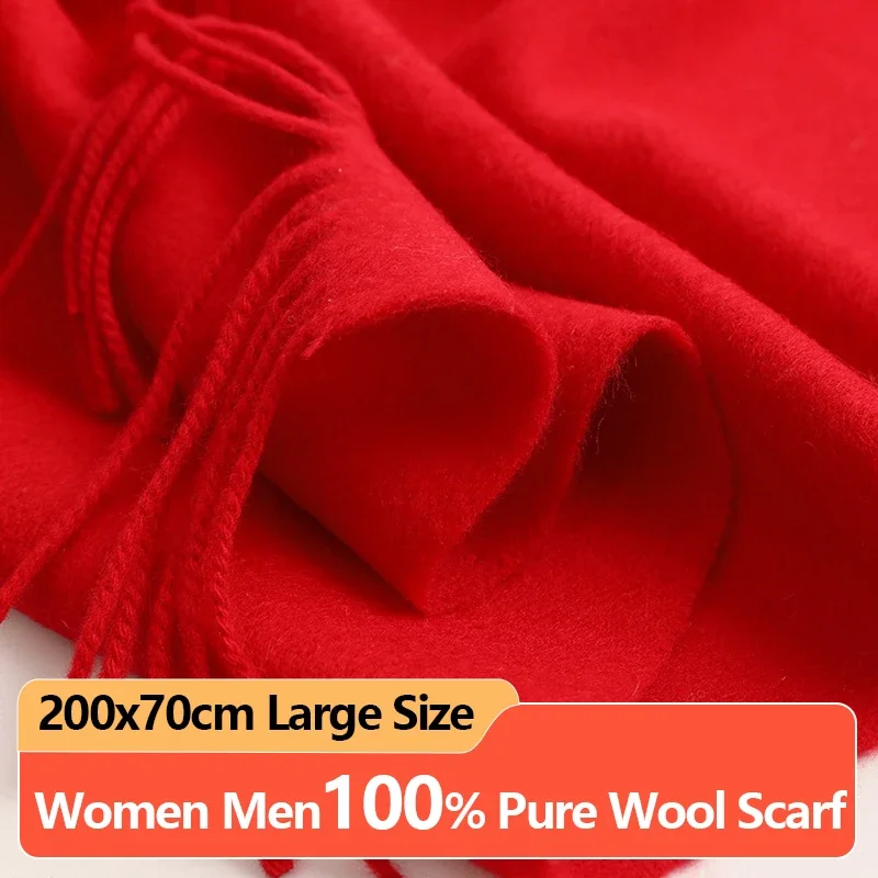 Solid 100% Real Wool Scarf with Tassel Women Winter Warm Shawls and Wraps Ladies Wool Cashmere Scarves Thick Foulard Femme