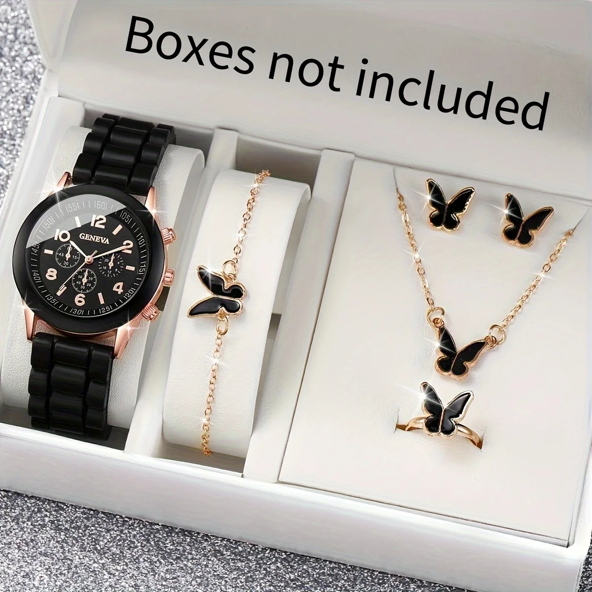 6PCS/Set Women's Watch Casual Silicone Band Quartz Watches Butterfly Jewelry Set(Without Box)