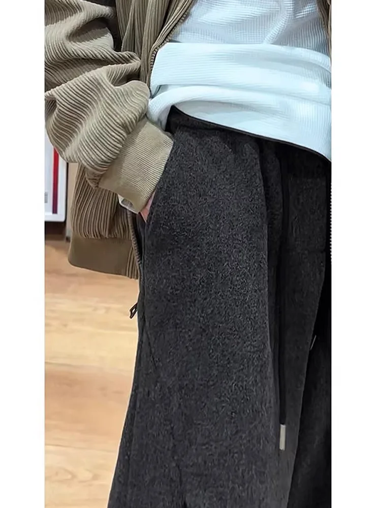 

Men's Winter Thiened Woolen Trousers Wide Leg Pants Drape Straight Casual Floor-Length Trousers Low Waist Straight Tube