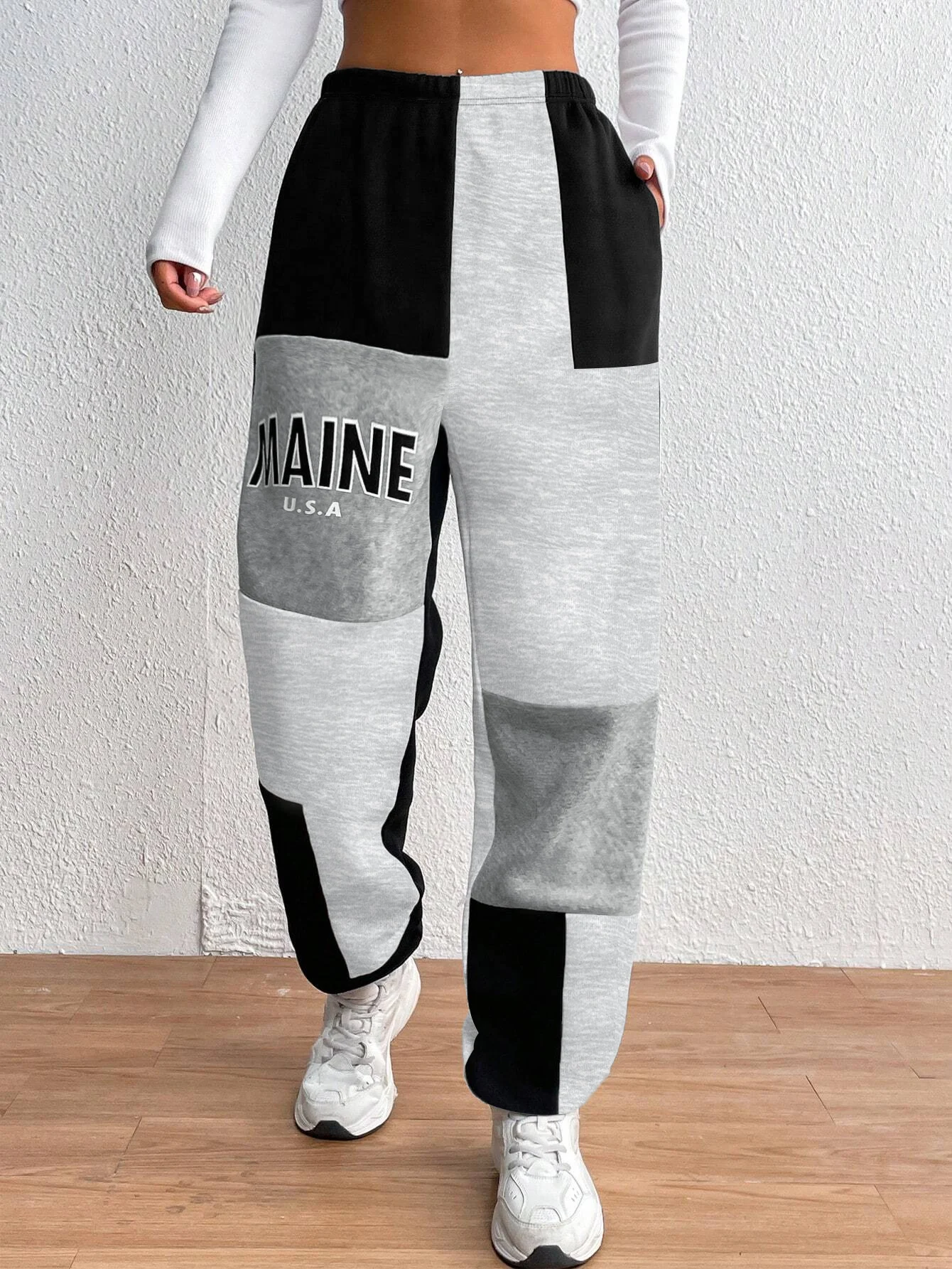 LW Color Block Jogger Pants Letter & Patchwork Print Knitting Trousers Casual Slant Pocket Elastic Waist Pants For Fall