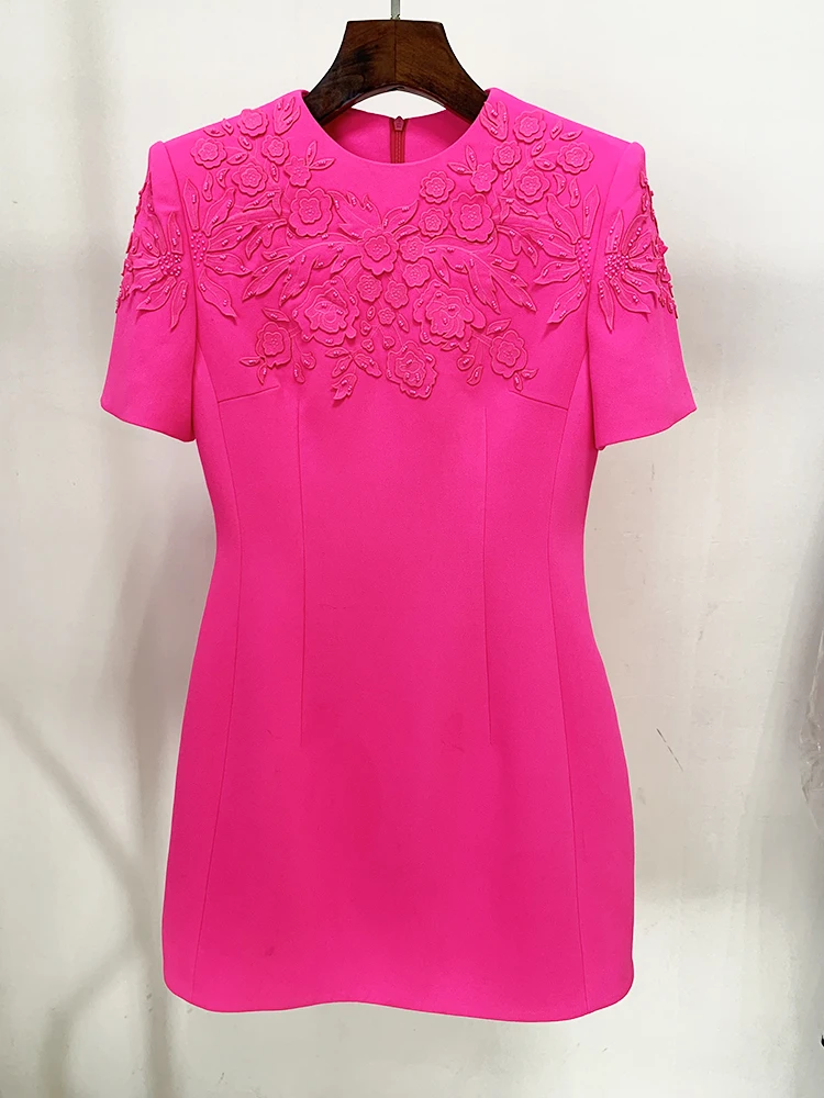 HIGH STREET Newest 2024 Designer Fashion Runway Dress Women's Short Sleeve Stunning Embroidery Beaded Dress Hot Pink