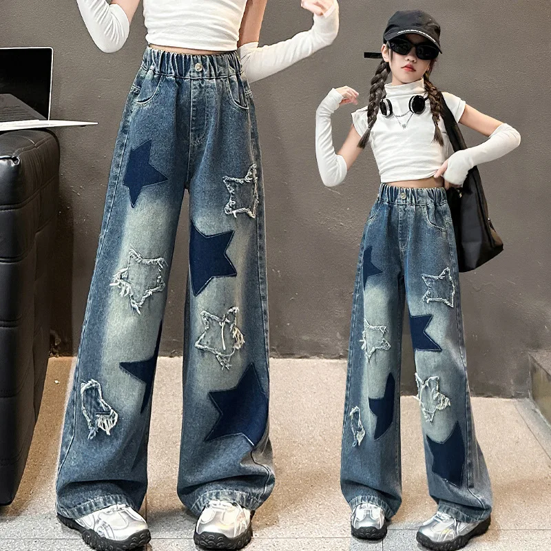

Spring/Autumn Elastic Waist Fashion Kids Straight Pants Girls Star Design Casual Loose Jeans Teens School Children Trousers