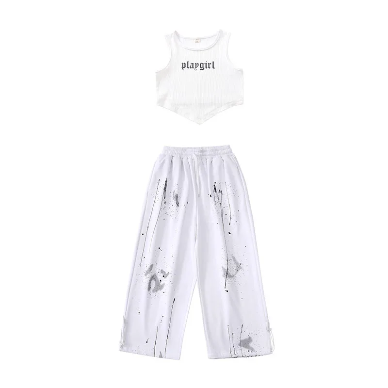 Kid Kpop Hip Hop Clothing White Black Irregular Hem Crop Tank Top Casual Ink Print Sweat Pants for Girl Dance Costumes Clothes