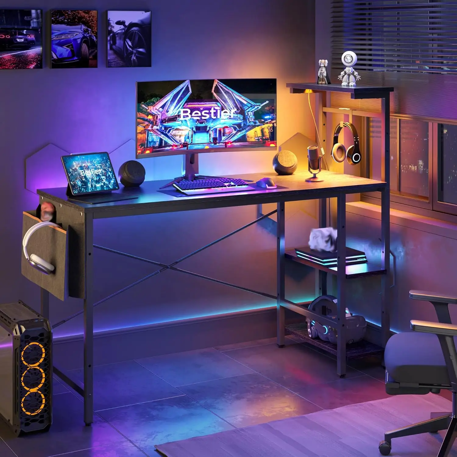 

51.3" LED Gaming Desk 4-Tier Reversible Shelves Side Bag Adjustable Shelf Home Office Table, Customized