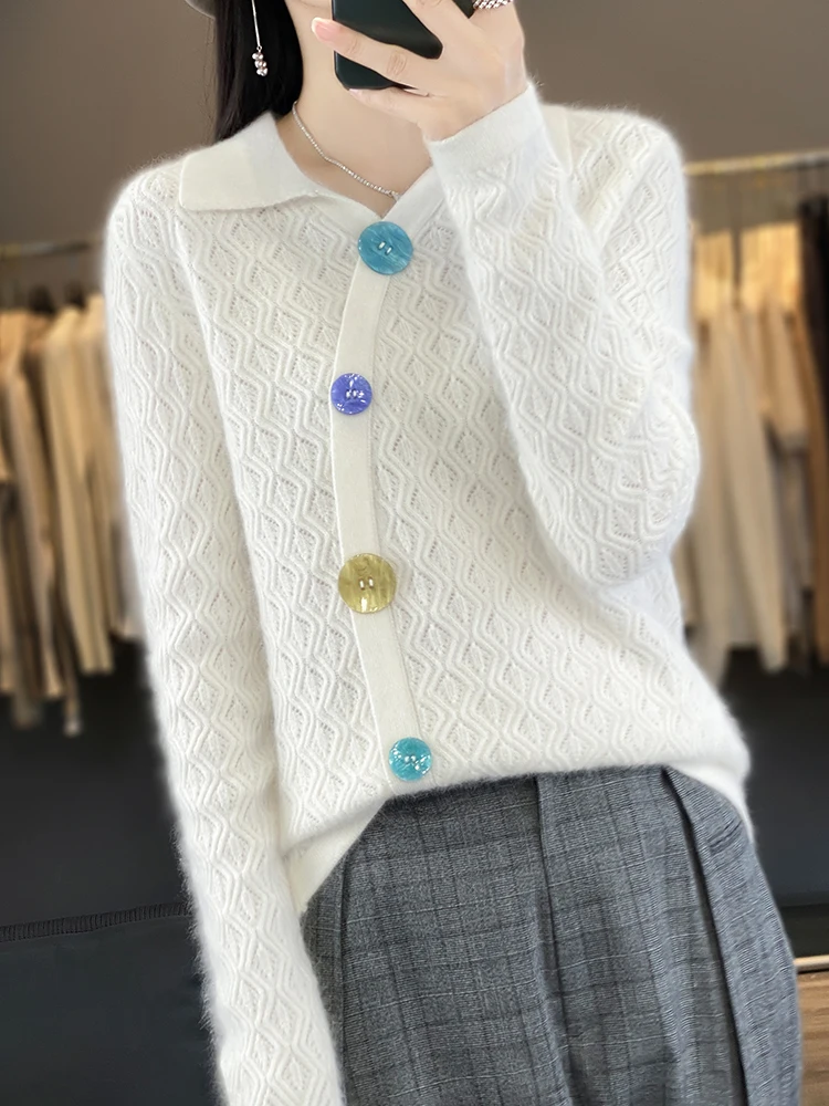 New Chic Spring Autumn Women Sweater 100% Merino Wool POLO-neck Cardigan Hook flower design Candy button Knitwear Korean Fashion