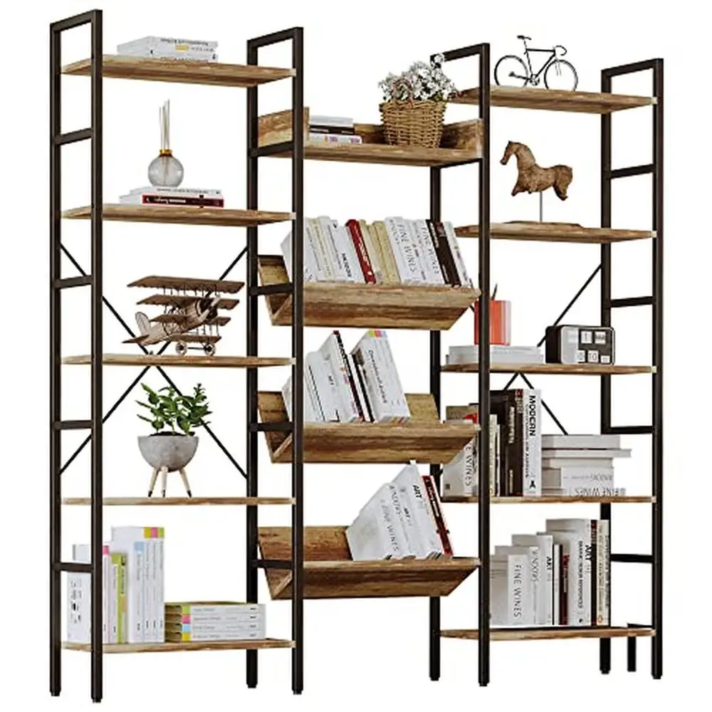 Industrial Metal Frame 5-Tier Bookcase with Adjustable Shelves Living Room Home Office and Dining Room Storage Triple Wide