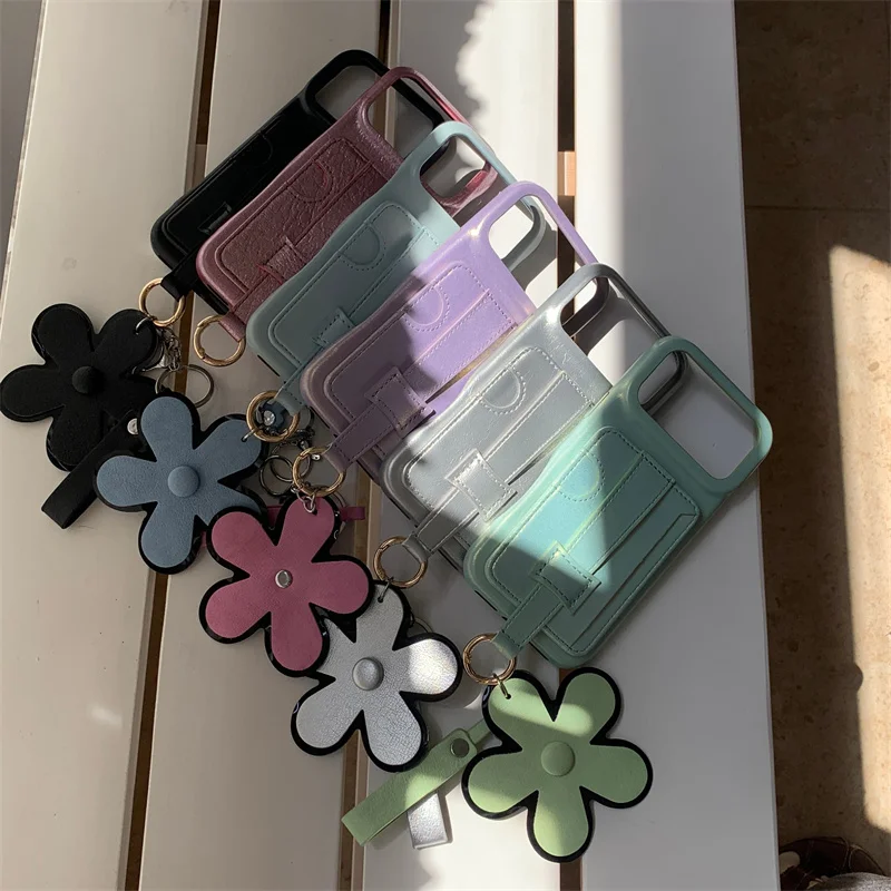 

Minimalist Multi-Color PU Leather Phone Case with Card Slot Flower Strap For iPhone 14 15 16 17 Pro Max Large Camera Window Cov
