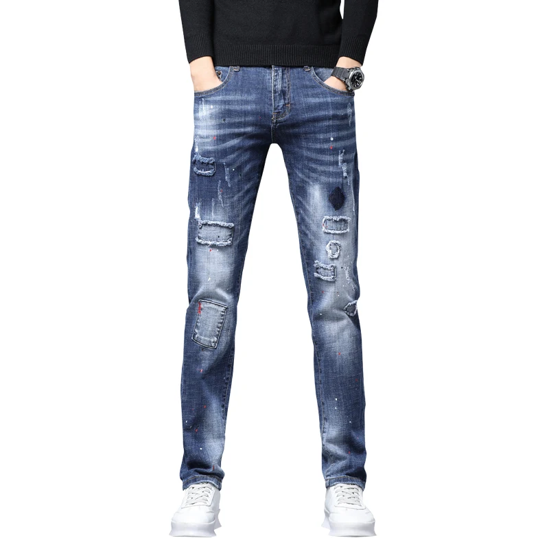 Men's distressed jeans men's new 2024 spring and autumn casual pants patch and slim fit denim skinny jeans men