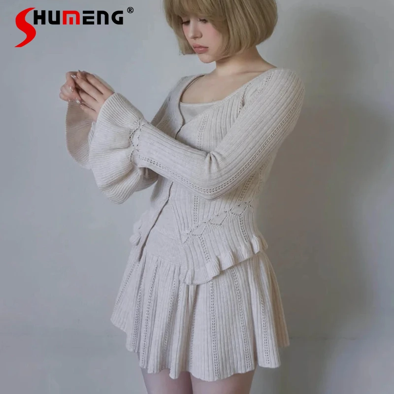 

Autumn Y2k Cute Ruffled Knitted Long Sleeves Top Sets Single-breasted Cardigan Sleeveless Slings A-line Short Skirt 3-piece Suit