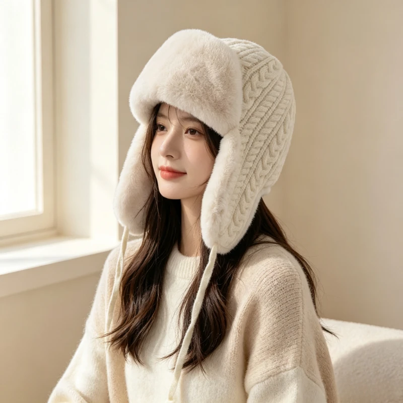 1 piece of women's autumn and winter thick woolen hat with plush, children's cute knitted hat, ear protection ski hat