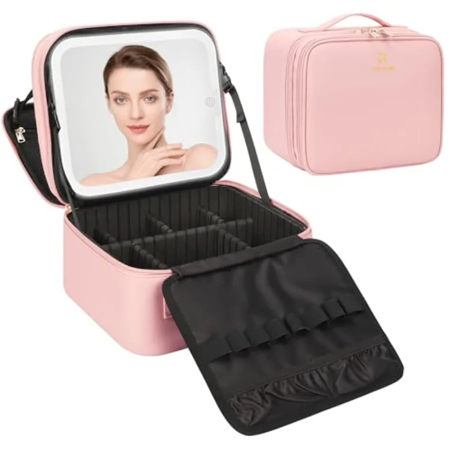 

Makeup Bag with LED Mirror, Small Travel Makeup Case with Rechargeable Lighted Mirror 3 Color Lights, Double Layer Cosmetic Box