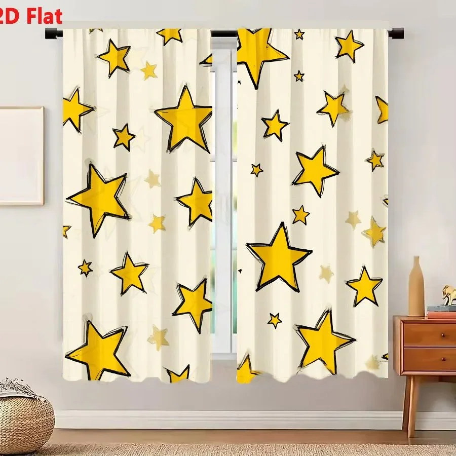 Yellow Star Pattern Curtain Panels for Living Room Bedroom Home Decor Light Filtering Curtains