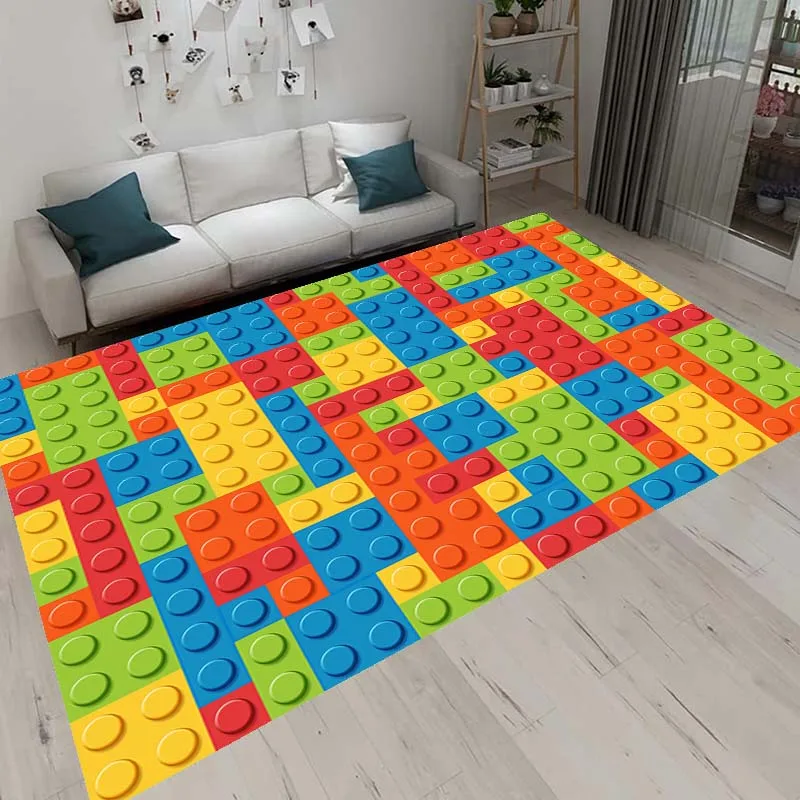 3D Colorful Geometric Block Area Rugs for Living Room Bedroom Building Block Toys Carpet Home Kids Room Decor Non-Slip Floor Mat