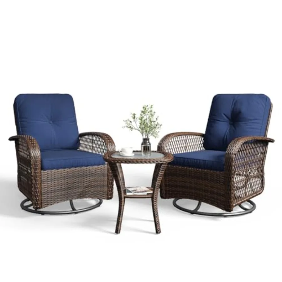 3 Pieces Patio Furniture Set, Patio Swivel Rocker Chairs Set of 2, Wicker Outdoor Bistro Set with Rocking Chair, Thickened Cush