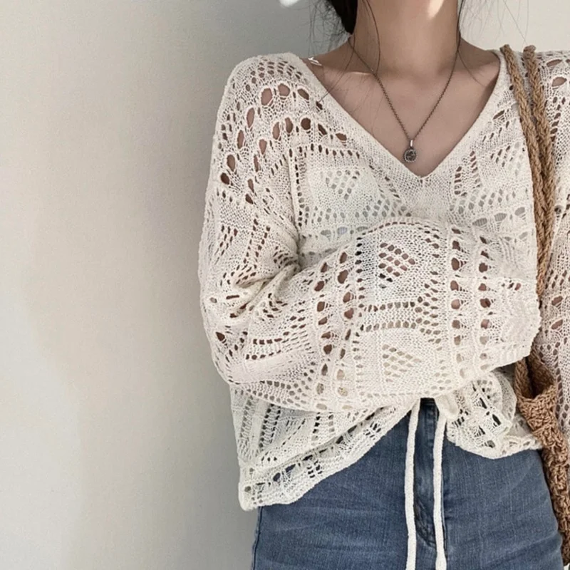 Sweaters Women Spring College Cropped Lace Up Chic Khaki Pure Hollow Out Knitwear All-match Trendy Mujer Simple Aesthetic White