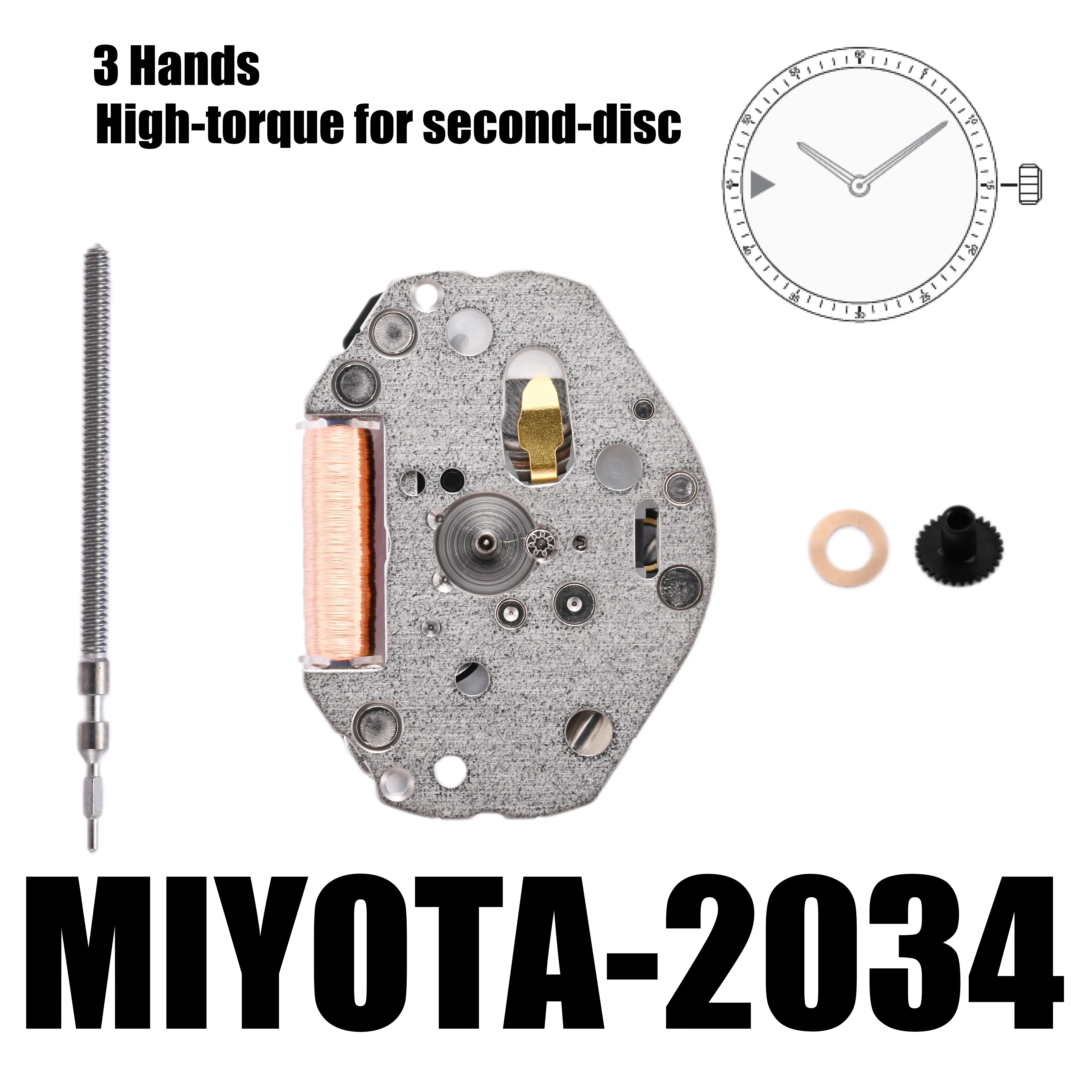 Miyota-Movimentos padrão Watch, Movimento Cal.2034, 3 mãos de alto torque para segundo disco, Movimento padrão, tamanho 6, 3/4 × 8 pol