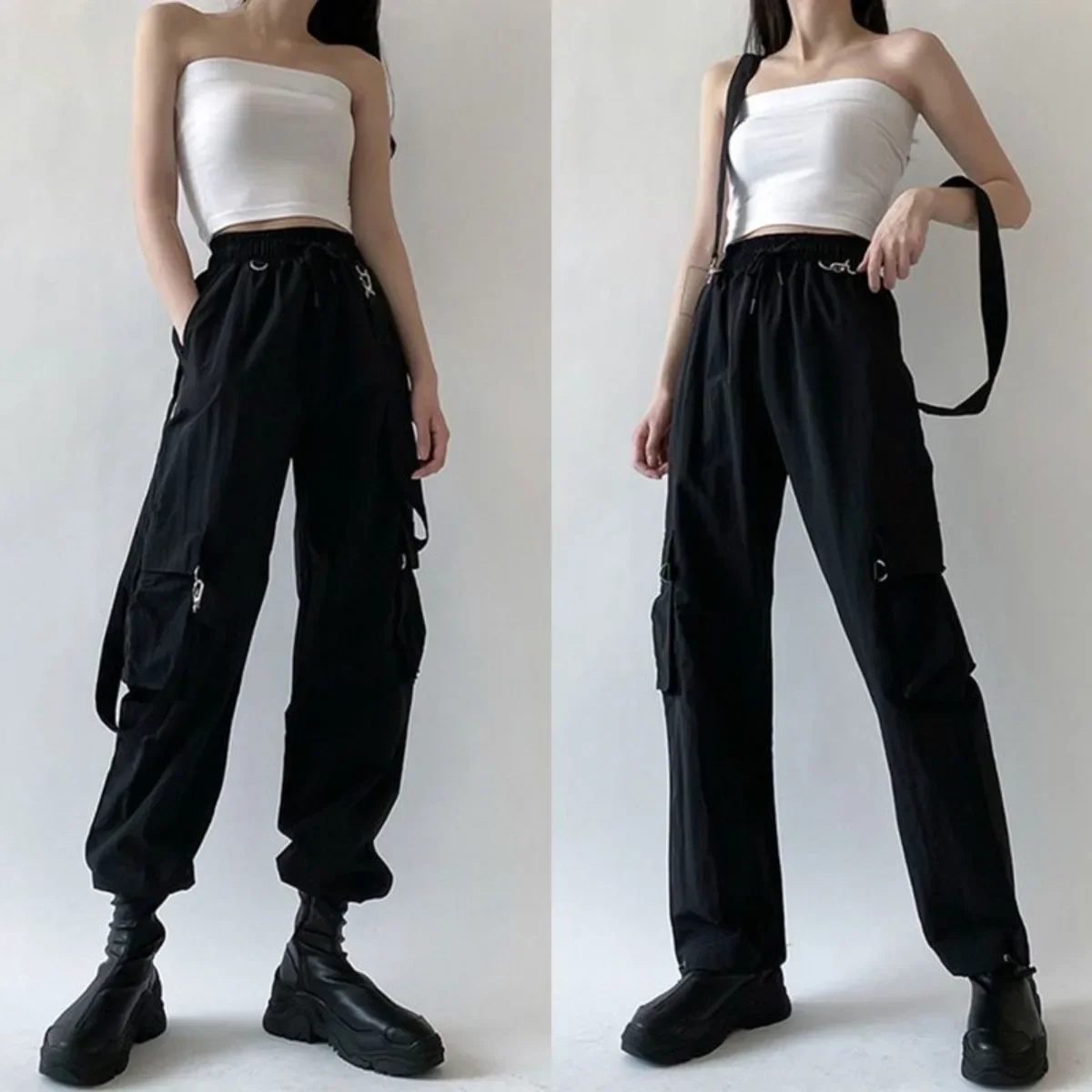 Casual Joggers Cargo Pants Women Solid Low Waist Pants Drawstring Wide Leg Baggy Trousers Y2k Streetwear Oversize Sweatpants