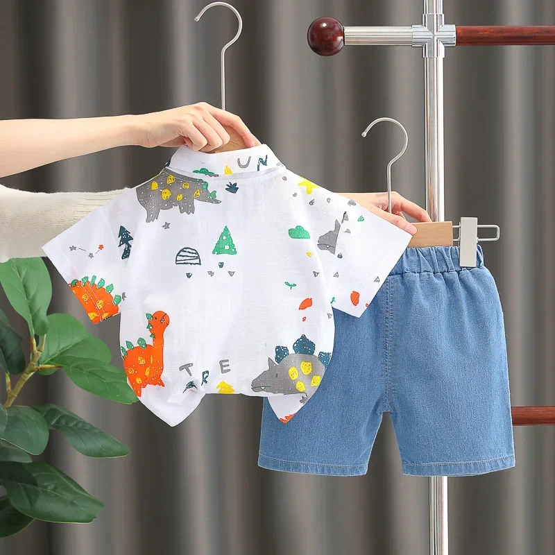 Nueva ropa para bebés, trajes de verano para niños de 9 a 12 meses, camisas y pantalones cortos de manga corta con estampado de dinosaurio bonito, traje para niños