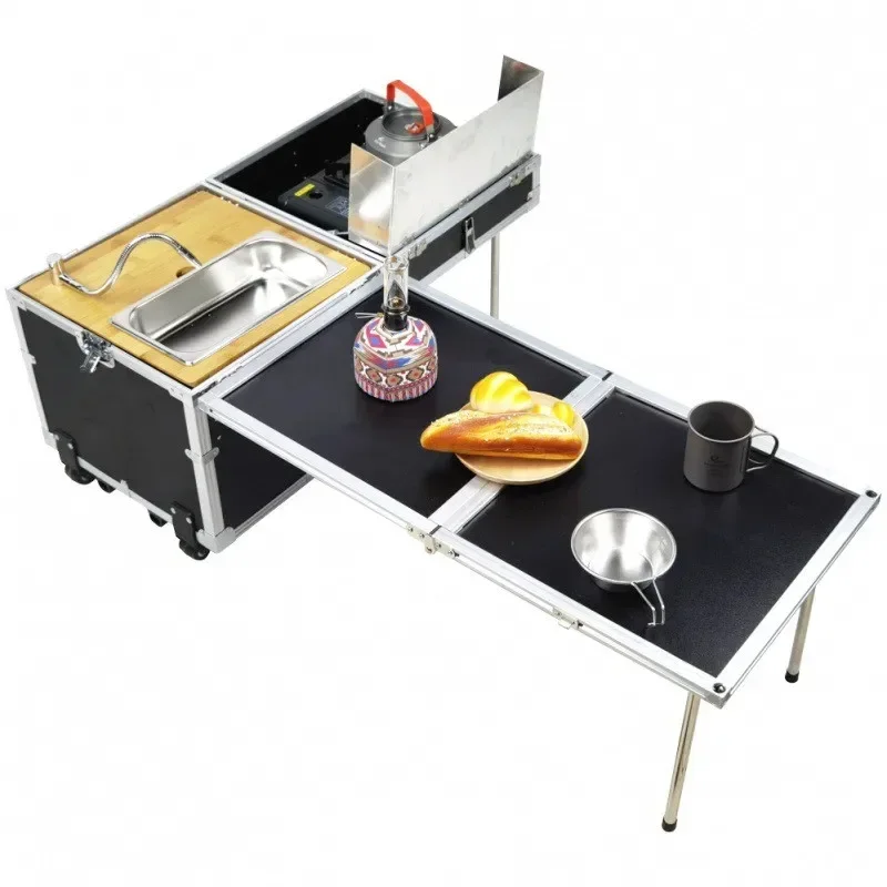 

Outdoor Portable Kitchen OEM Camping Picnic Kitchen Storage Box Table Aluminum with Wheels Multi-function Mobile