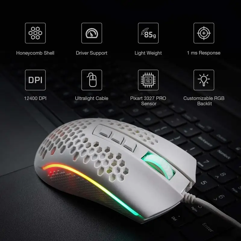 Redragon M808 Storm Lightweight RGB LED USB Gaming Mouse 12,400 DPI Optical Sensor 7 Programmable Buttons Precise Regist