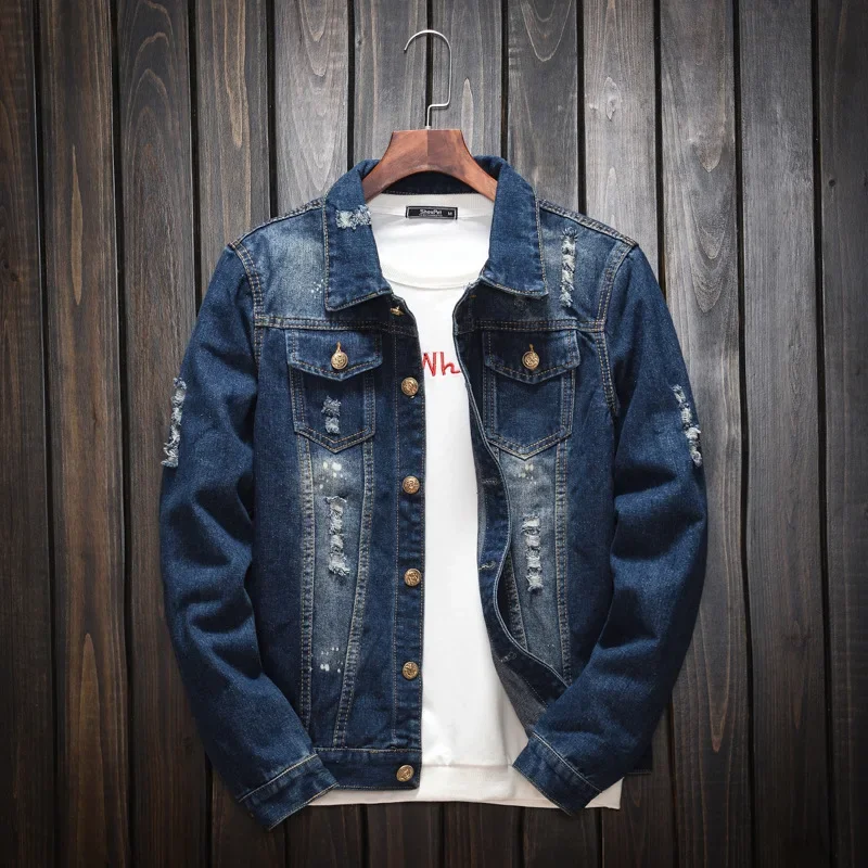 

Jacket Men Blue Jeans Coat Clothing Hole Plus Size Denim Spring Autumn Young New Casual Hippie Clothes Distressed Denim Jackets