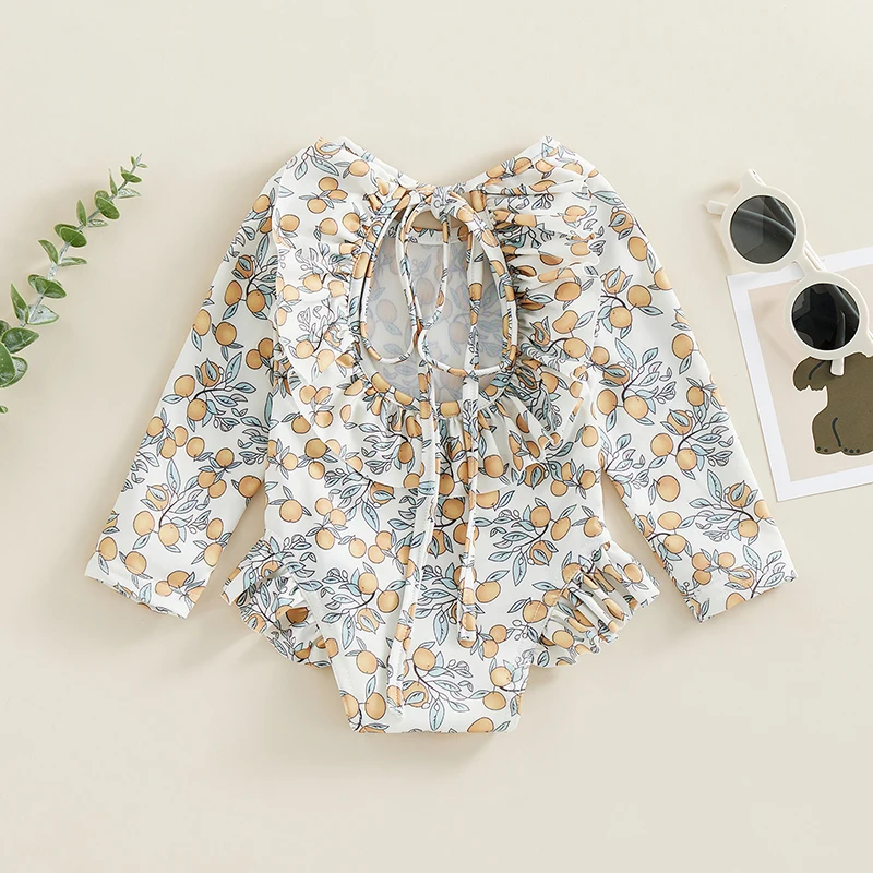 2023 New Toddler Baby Kids Girls Summer Swimsuits Floral Print Long Sleeve Ruffles Jumpsuit Swimwear Beachwear Bathing Suits