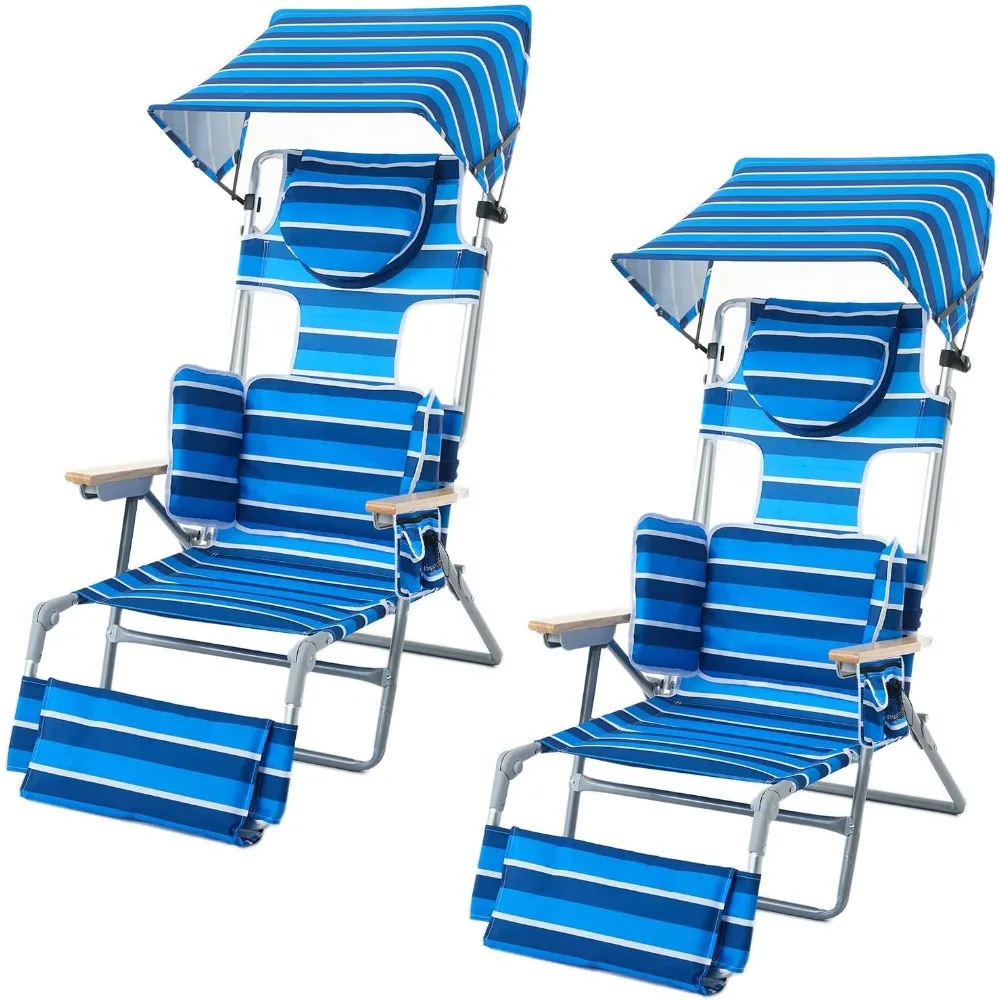 

70'' Extra Long Beach Lounge Chair, Tanning Chair with Canopy & Face Holes & Arm Holes & Storage Pocket, Adjustable Foldable Rec