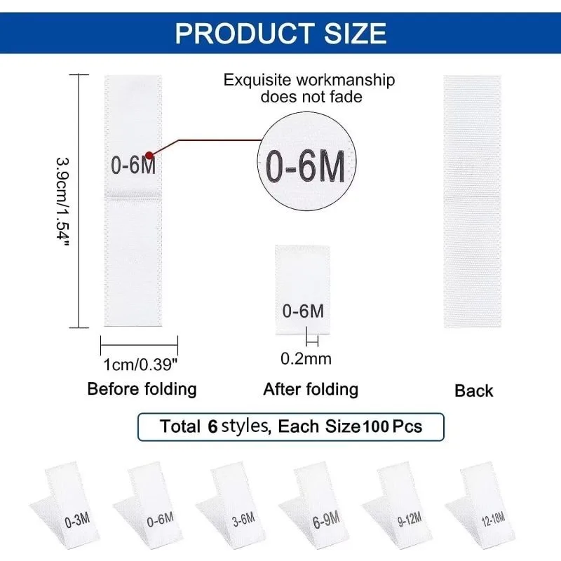 600 szt Etykiety na miesiąc odzieży 6 stylów Etykiety do szycia tkanin Haftowane etykiety Etykiety na rozmiary Etykiety do szycia odzieży Szyć na