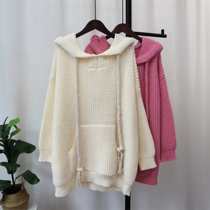 

Hsa 2023 New Cute Women's Solid Colour Hoodied Pullovers Sweater Fashion Loose Retro Soft Glutinous Lazy Style Long Sleeve Tops