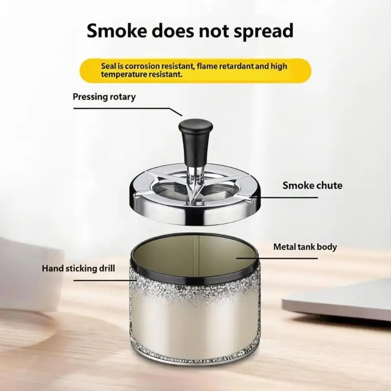 Press Top Desk Ashtray for Indoor Home Use, Covered Metal Body with Three Rest Grooves for Coffee Table or Study Desk 55KF