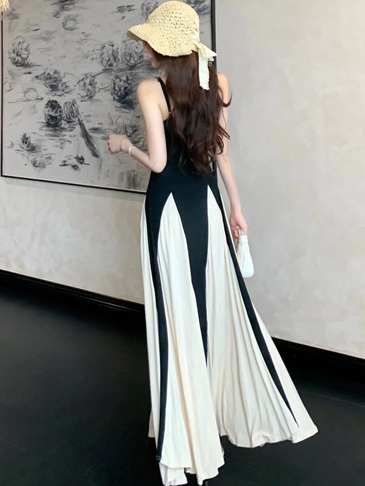 Feminino coreano vintage hepburn luxo vestido longo verão preto retalhos branco babados vestido 2025 elegante bodycon sexy estilingue vestido