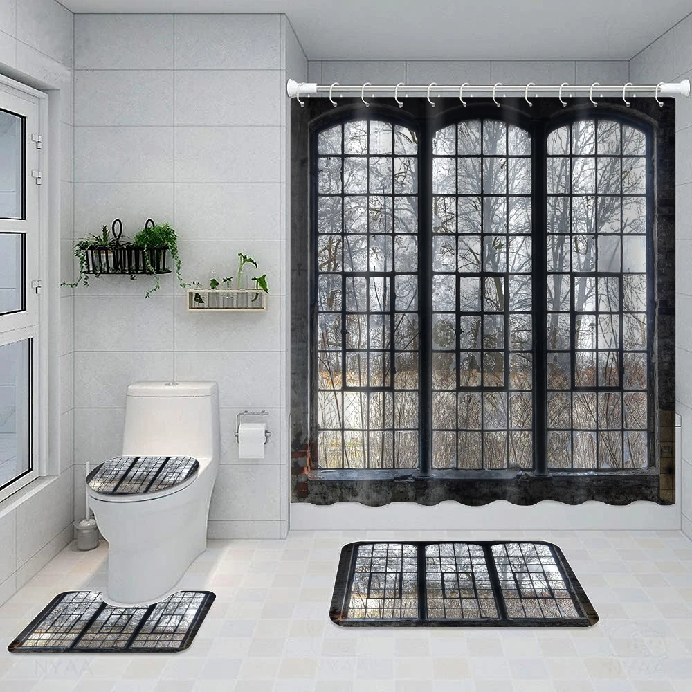 4-piece gray imitation window forest printed waterproof shower curtain with 12 hooks and bathroom floor mat