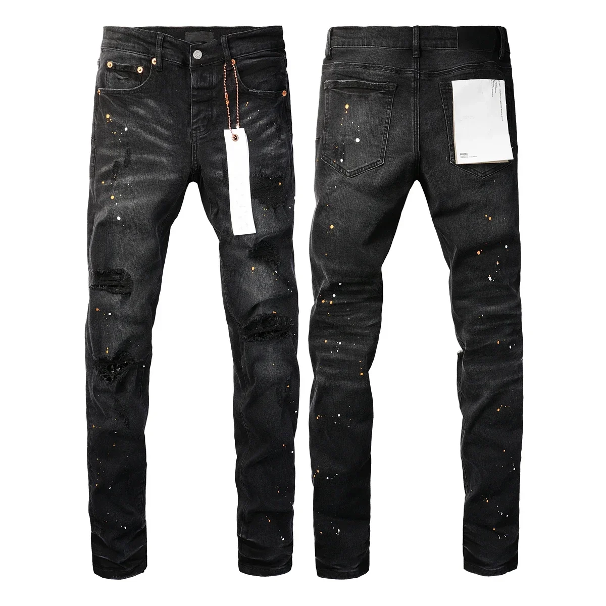 New Luxury High quality Purples Jeans Men High Street Black Paint Dot Knife Cut Hole Repair Low Rise Skinny Denim Pants