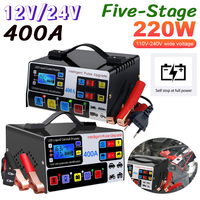 400A Heavy Duty Smart Battery Charger 12V/24V Intelligent Pulse Repair Charger LCD Display Self-Stop Battery Charger Five-Stage
