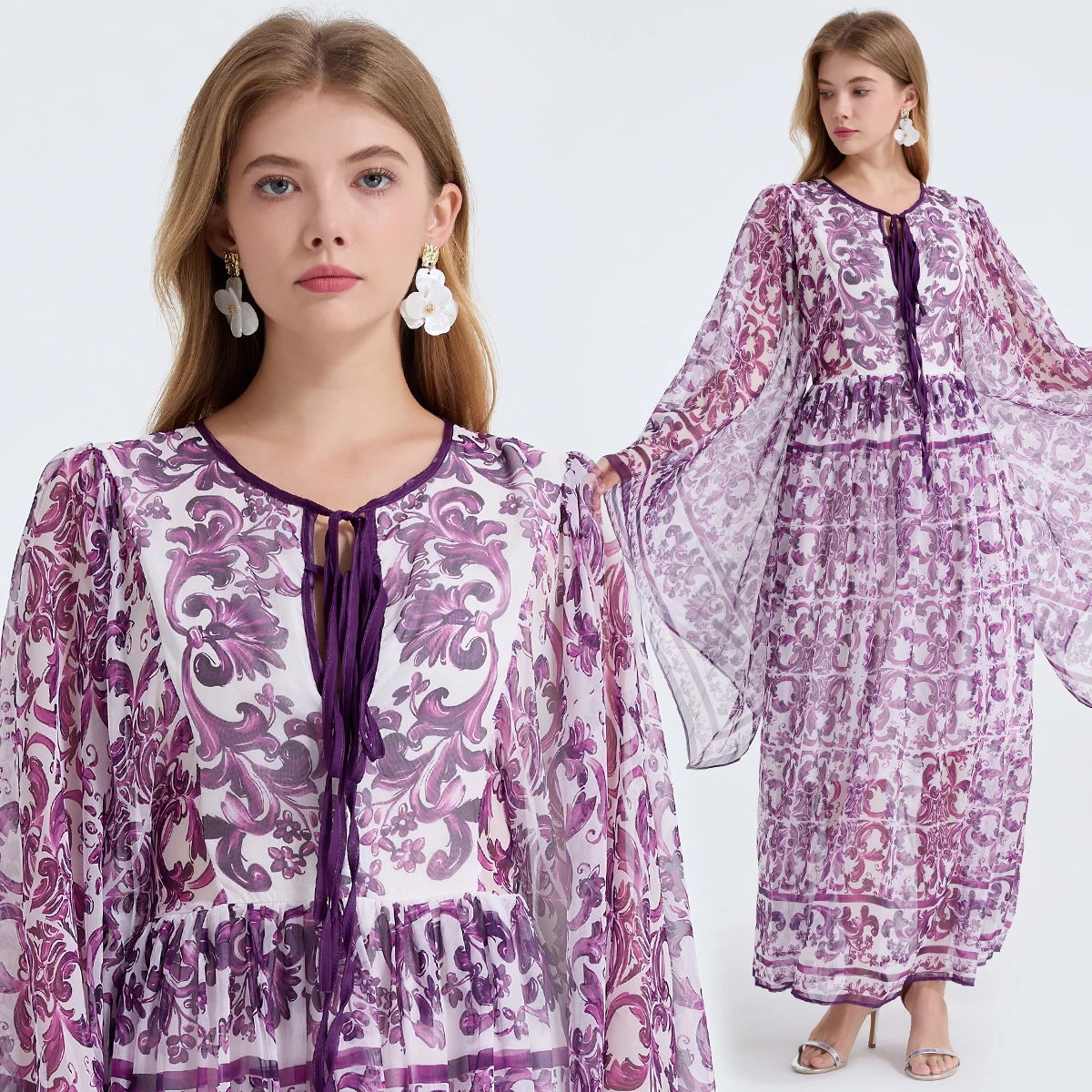 Purple Blue And White Porcelain Print Holiday Dress Summer Vintage Bohemia Dress Women's Loose Lace Up Belt Long Robe Vestido