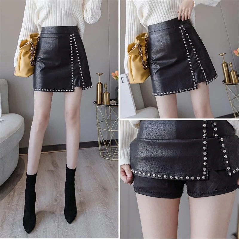 Fall Black Faux Leather Skirts for Women High Waisted Bodycon Mini Basic Pencil Rivet Hip Sexy Skirt with Slit Faldas Streetwear