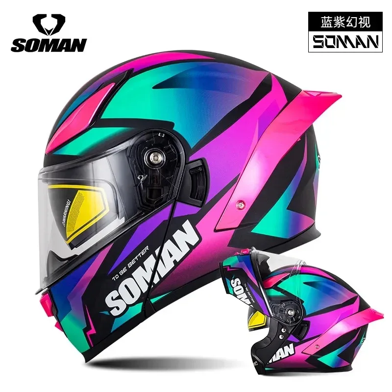 SOMAN Flip Up Motorcycle Helmet Capacete Dual Lens Cascos Para Moto DOT Approved Color Lens Large Tail Wing Helmet Casco Moto