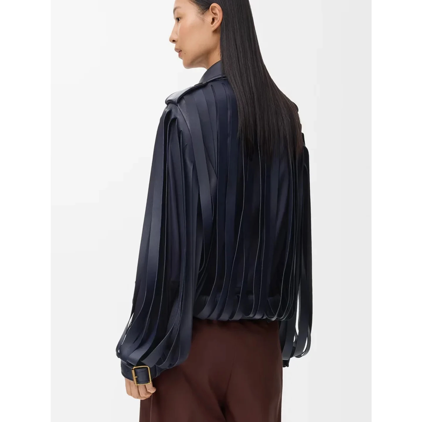 Invierno nueva mujer motocicleta Sle PU cuero ort Jaet con decoración de flecos largo Sve cuello vuelto abrigo con cierre de botón