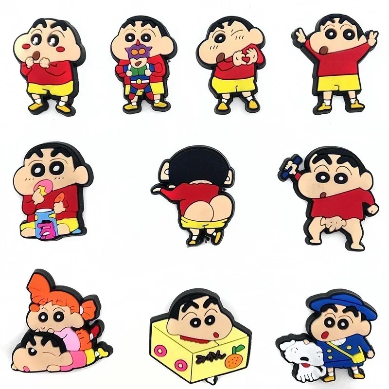 10pcs/set Anime Crayon Shin-chan Cool model Shoes Charms Silicone Croc Accessories Kids X-mas Gifts Wristband Hole Slipper Decor