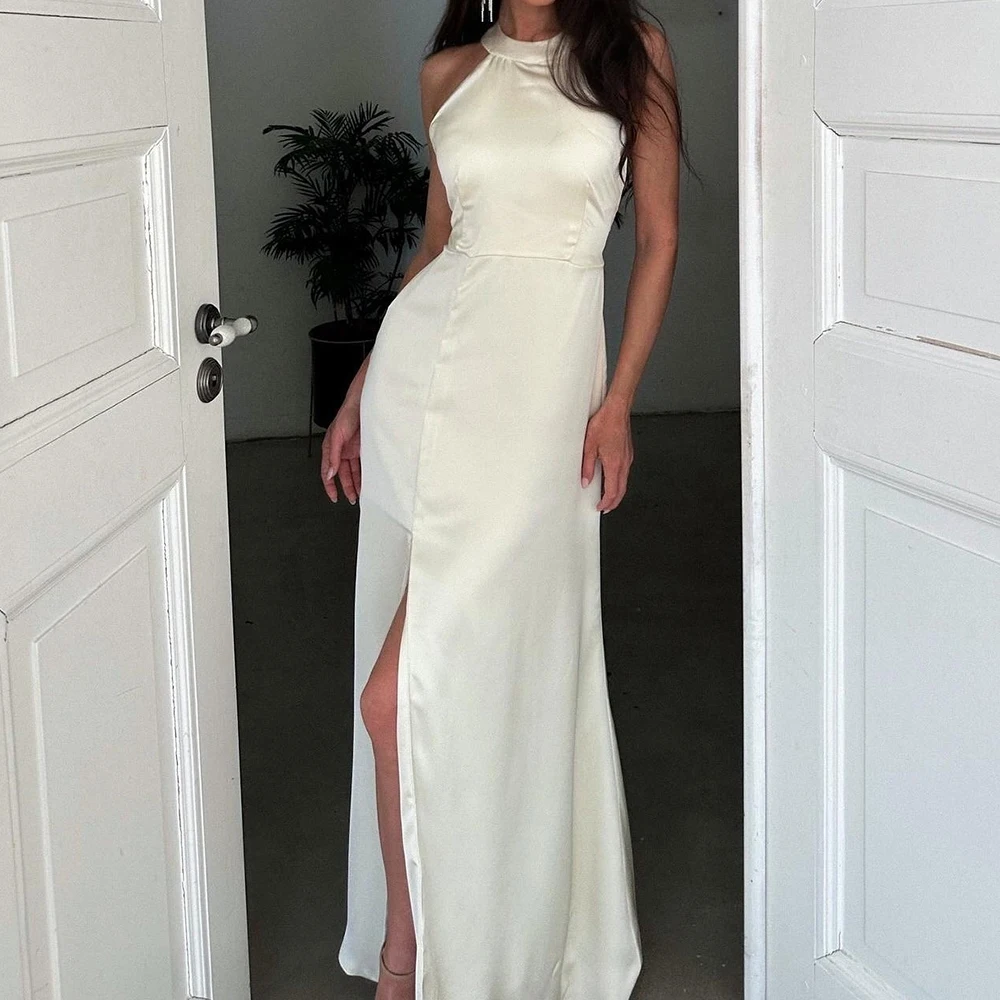 

Floor Length Jersey Straight Halter Pleats Sleeveles Sweep Train Solid Color Classic Celebrity Dress Special Occasion Gowns 2024