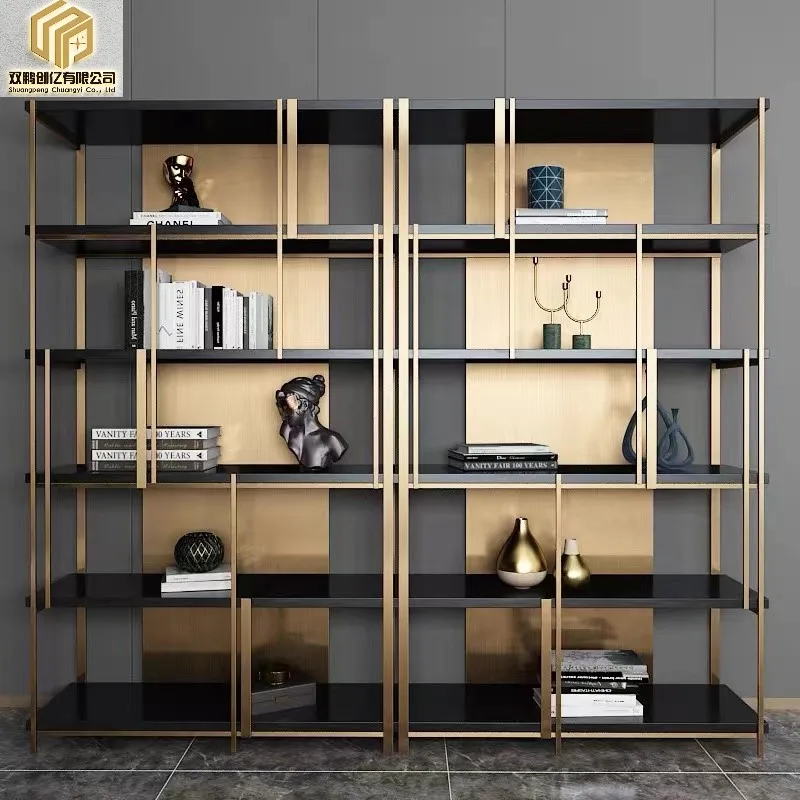 

Modern racks light luxury wind metal stainless steel bookshelves book cabinets landing Nordic display shelves living room partit