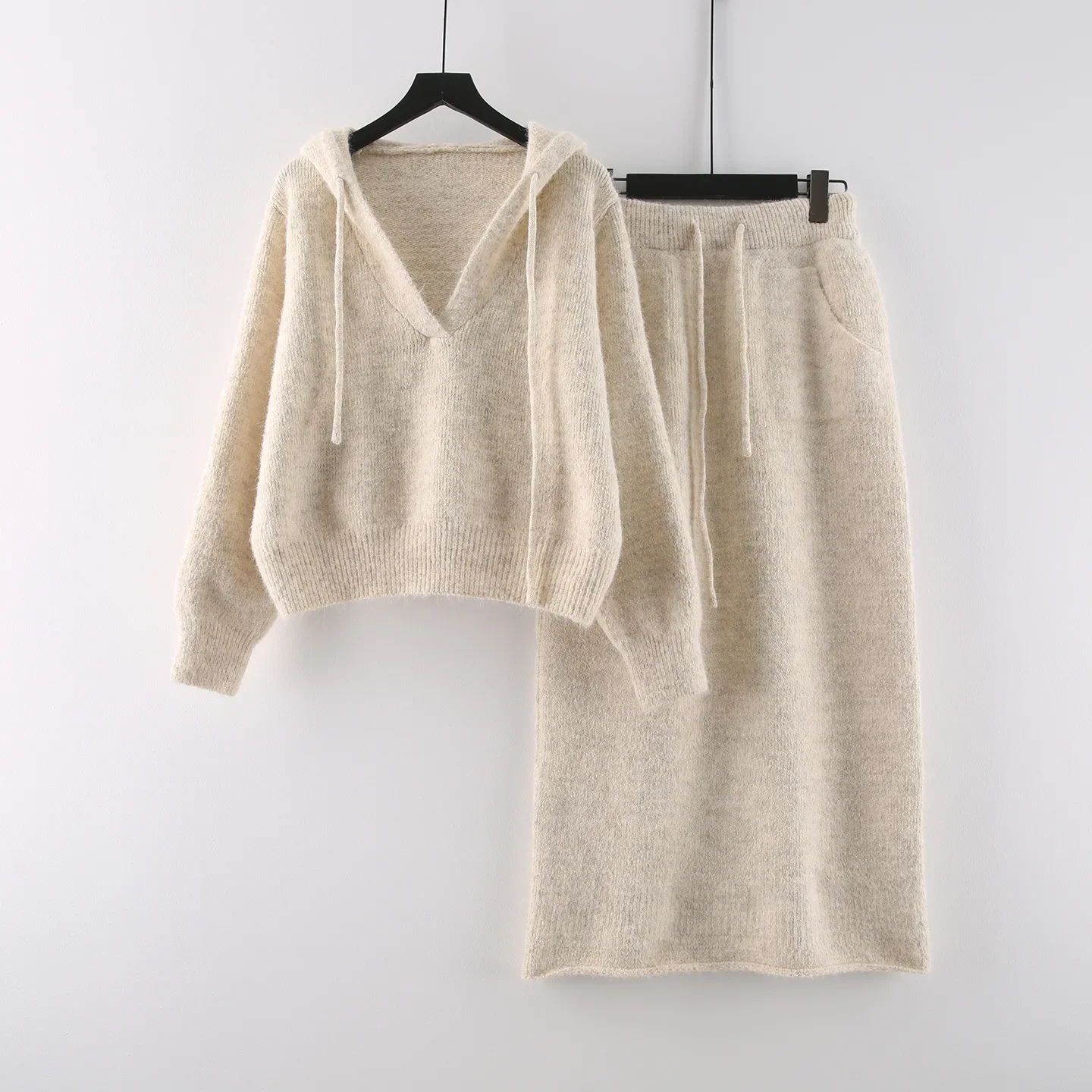 Greenora 2026 Minimalist White Hooded Knit Top and Skirt Set Women Two Piece European Chic Elegant Casual Matching Outfit